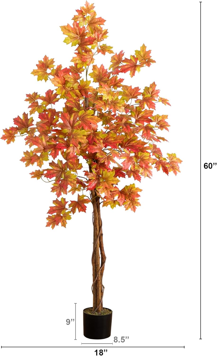 Nearly Natural 5-FT Deluxe Autumn Artificial Maple Tree, Faux Fall Décor for Home, Decorations for Fall, Autumn, Thanksgiving, and Halloween with Black Nursery Pot