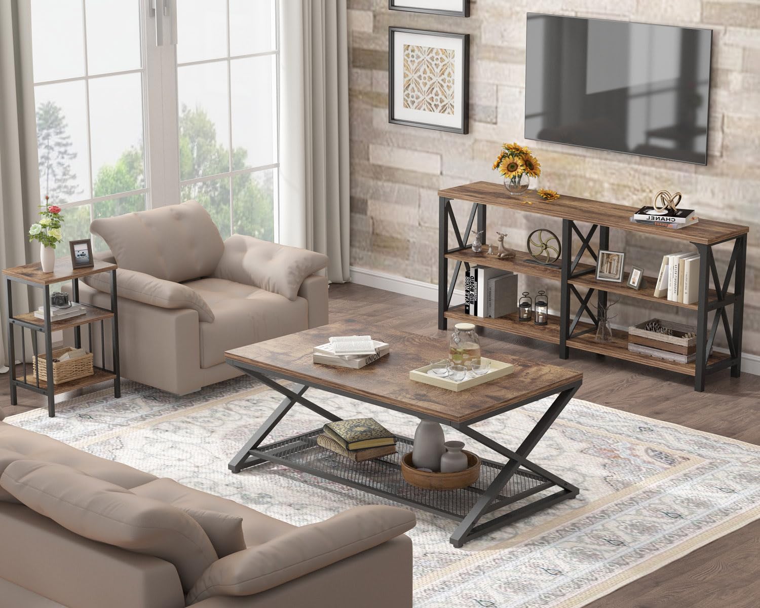 LVB Couchtisch Rechteckig mit Stauraum Wohnzimmer Möbel Wohnzimmertisch mit Stauraum Sofatisch Beistelltisch aus Holz Metall 100x60x45 cm