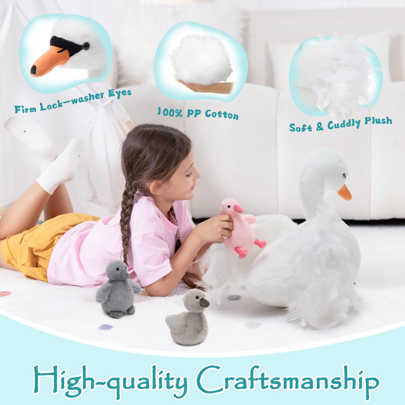 MorisMos Big Swan Teddy Soft Toy, 40cm Cuddly Fluffy Mommy with 3 Babies Inside, Plush Stuffed Animal Teddy Gift for Kids Birthday Deco - 3