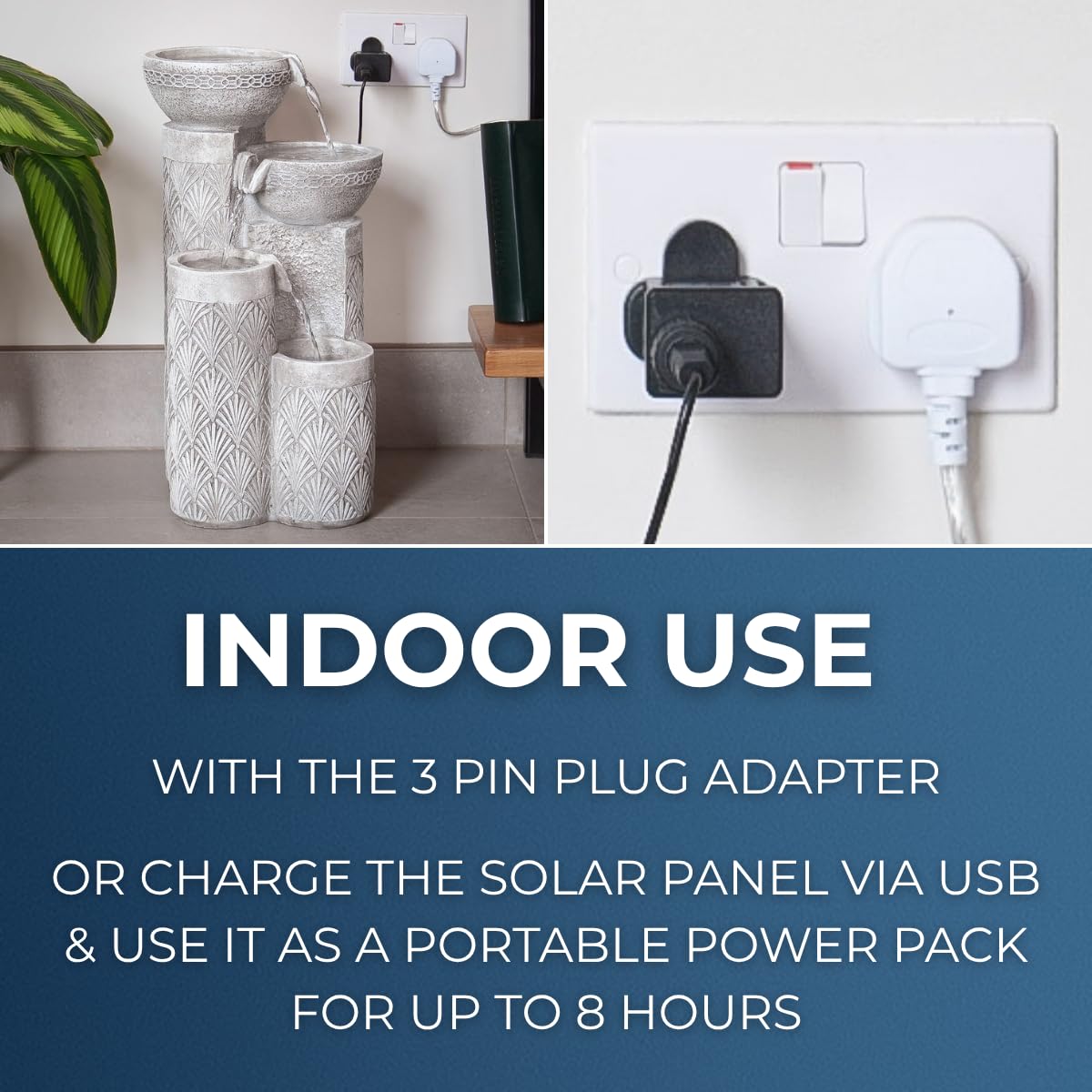Festive Lights Fuente solar LED de 50 cm, con diseño de conchas, funciona con energía solar y USB, para interior y exterior, fuente solar para exterior, jardín