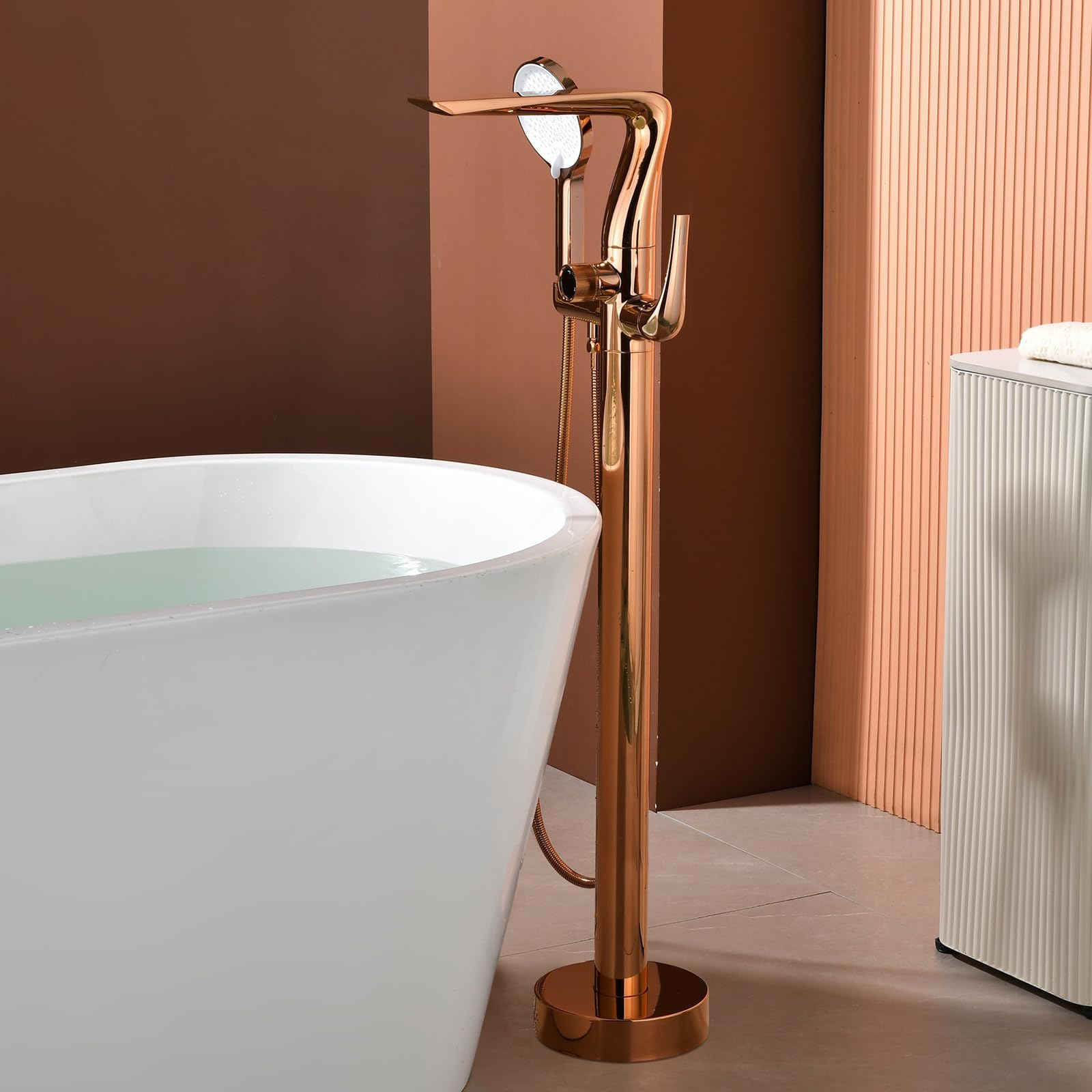 BiaoTeng Grifo Bañera Independiente con Cascada 3 Modos Oro Rosa Laton