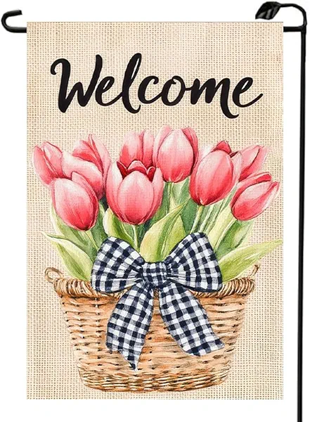 Spring Summer Garden Flag 12x18 Double Sided, Small Burlap Flowers Tulip Welcome Garden Flags Spring Summer Decorations Outdoor Yard Flags for Outside Lawn Décor