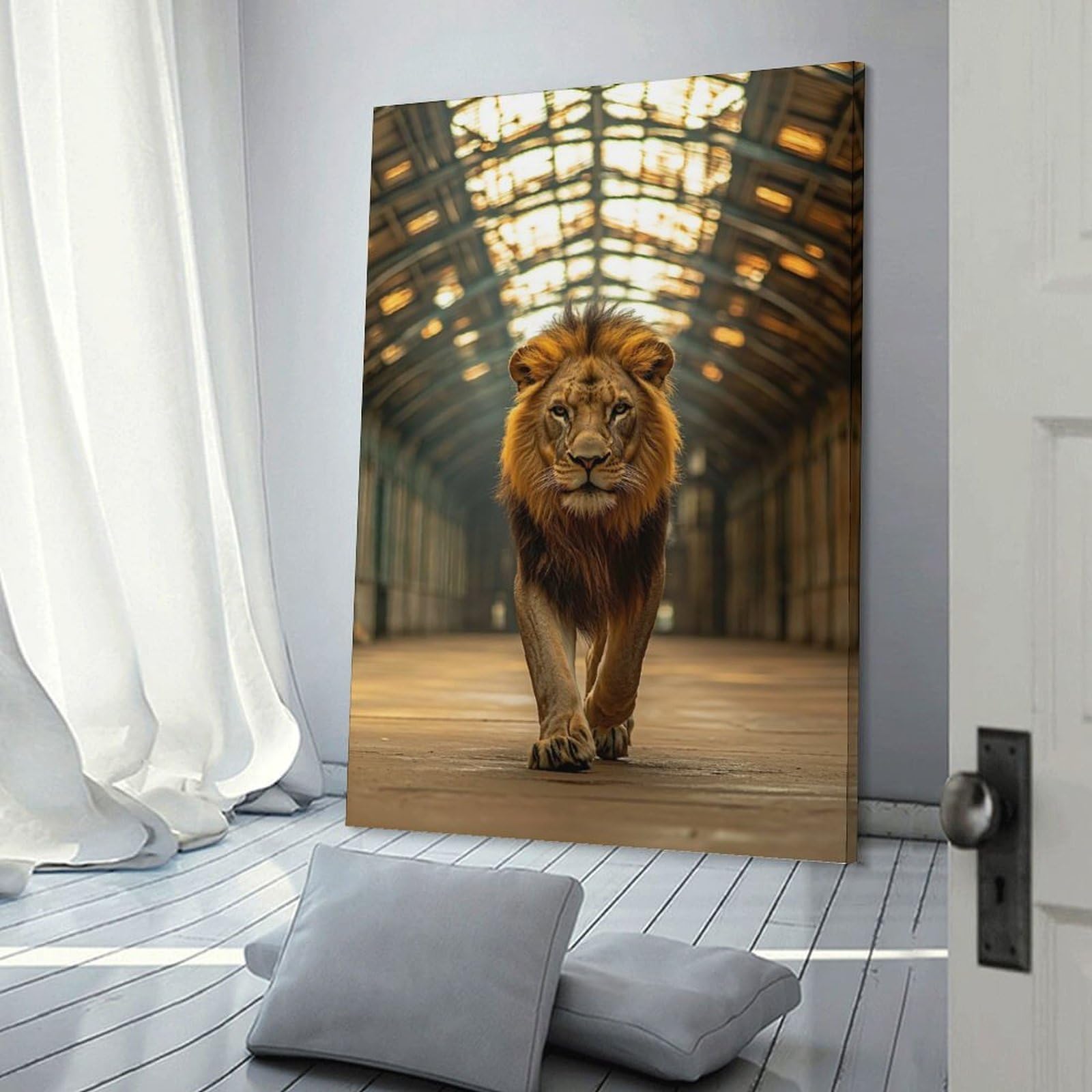 Junmoney Frame-Style-8 Lion Walking In Tunnel Decorative Wall Artwork, 20X30inch(50X75cm), For Work Areas, Reading Rooms Or Studios, Wall Art That Adds Style To Work Areas