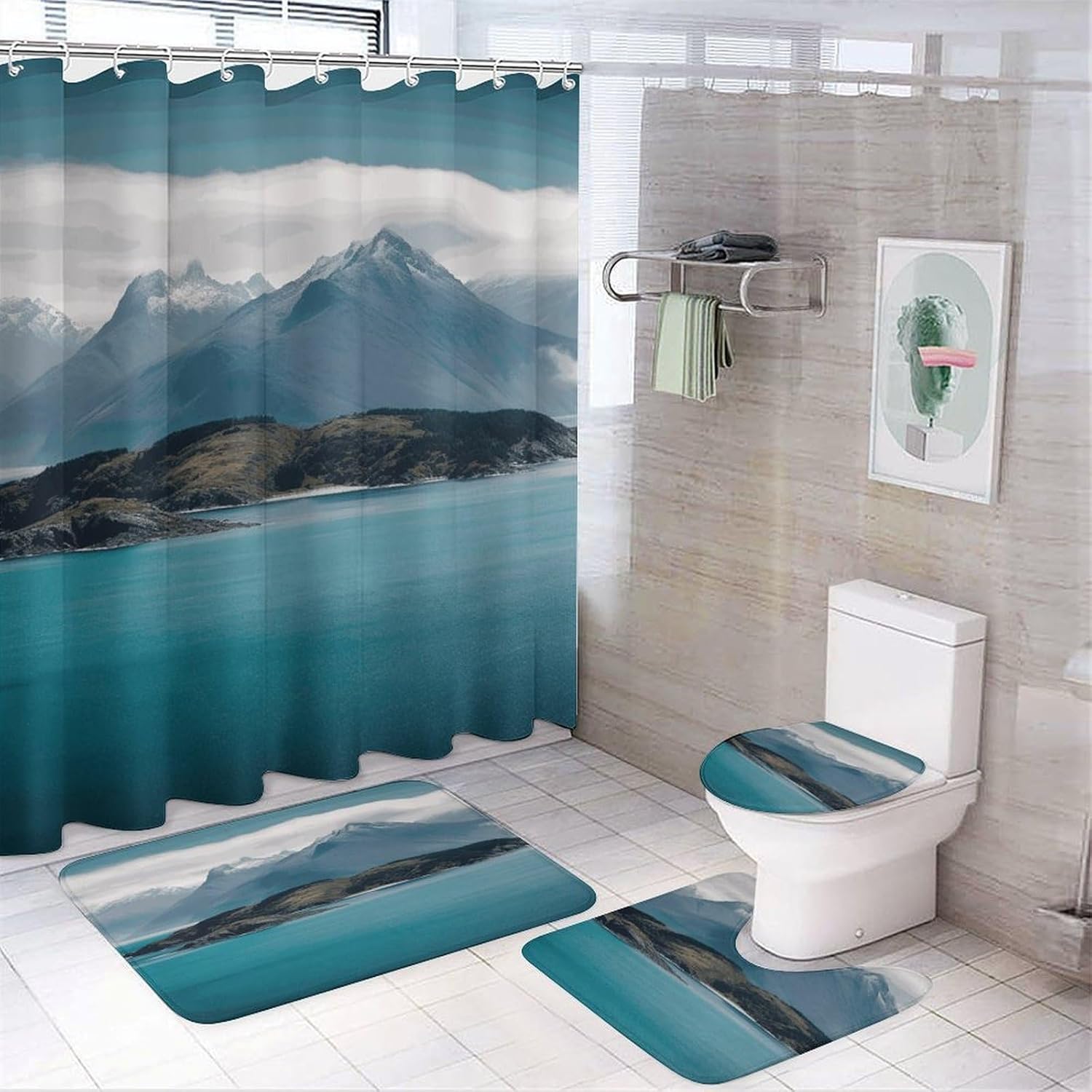 Islands and Mountain 4Pcs Shower Curtain Set with Non-Slip Rugs, Toilet Lid Cover and Bath Mat,Bathroom Set Decor Accessories,Curtain Set with 12 Hooks, 72 X 72 Inch