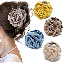 Rauimour 4pcs Handmade Fabric Rose Flower Hair Claw Clip for Women Girls, 3.94" Large Boho Hawaiian Floral Hairpins Barrettes for Thick Thin Hair Styling Accessories Yellow Brown