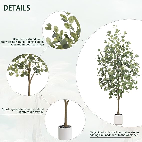 Faux Eucalyptus Tree 5FT Tall Artificial Eucalyptus Tree Indoor Outdoor, Fake Eucalyptus Plant with Green Silver Dollars Silk Leaves, Fake Floor Plants for Friend Housewarming Home Decor