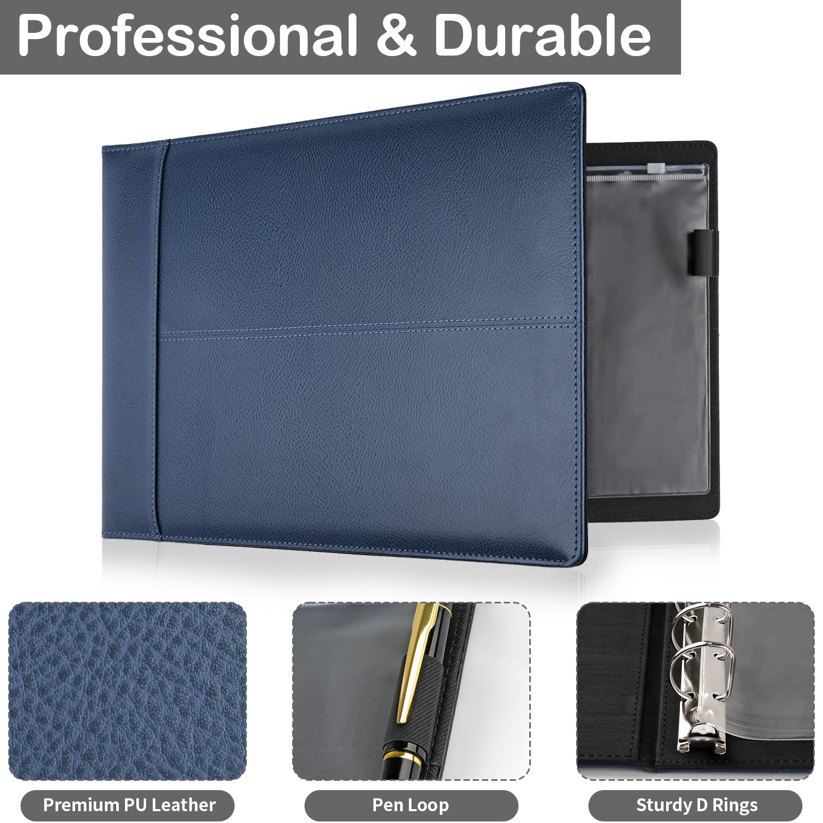 Raccoglitore professionale a 7 anelli, in pelle PU di alta qualità, organizer per assegni 3 su una pagina, perfetto per affari e finanze personali, adatto per fogli da 22,3 x 33 cm, capacità 600