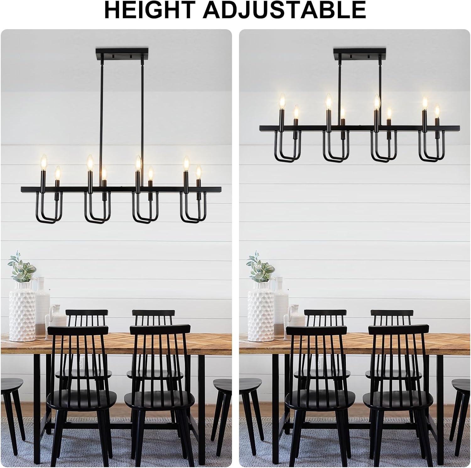 Rectangular Dining Room Light Fixtures Over Table, Modern Farmhouse Chandeliers for Dining Room, 8 Light Black Chandelier Linear, Island Lights for Kitchen