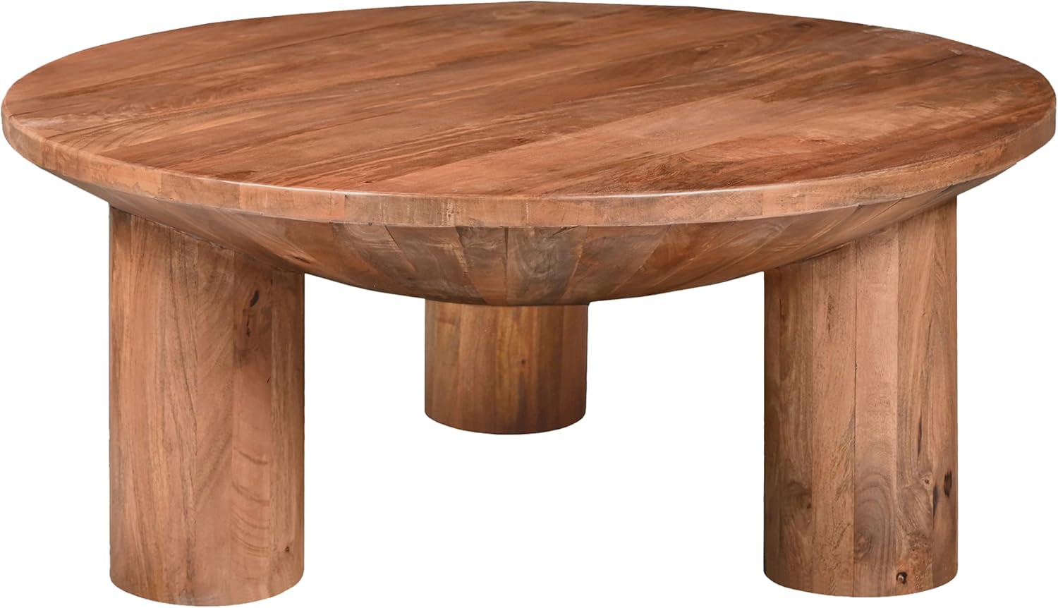The Urban Port Meridian Coffee Table, 38 Inch Round Top, 3 Column Pillar Legs, Natural Brown Mango Wood