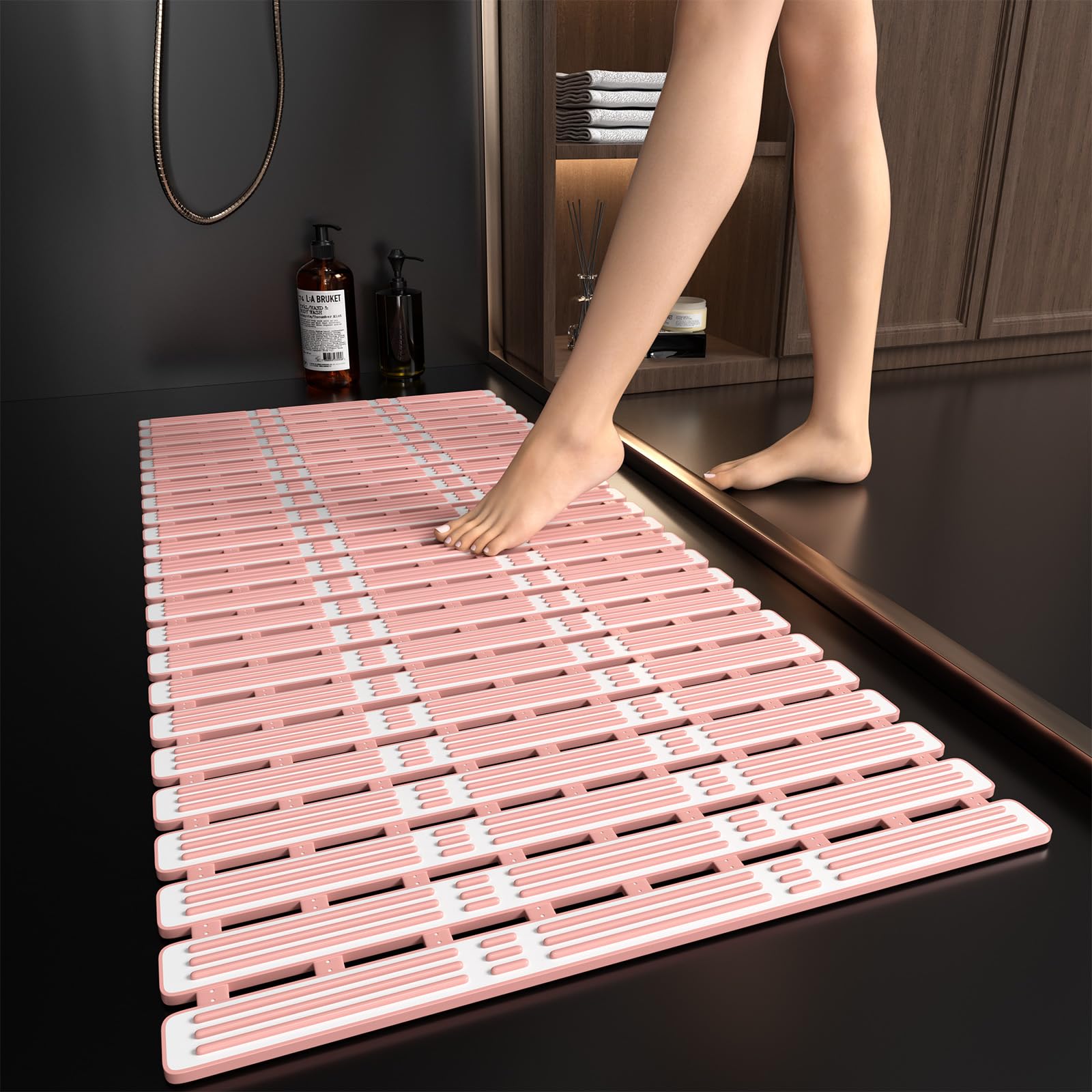 XIYUNTE Large Shower Mat Non Slip Anti Mould for Elderly- 90 x 40cm Cut-to-Fit Non Slip Shower Mat for Inside Shower, TPE Bath Mat with Suction Cups & Drain Holes, Bathtub Mat, Pink