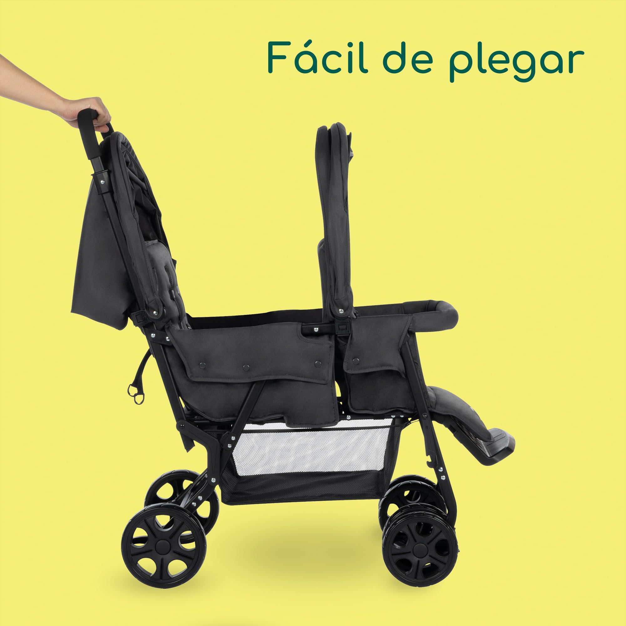 Bebeconfort Teamy Silla de paseo gemelar, cochecito doble tándem ligero y compacto, pesa sólo 12,5 kg, con funda de lluvia y cubrepiernas incluidos, Mineral Graphite