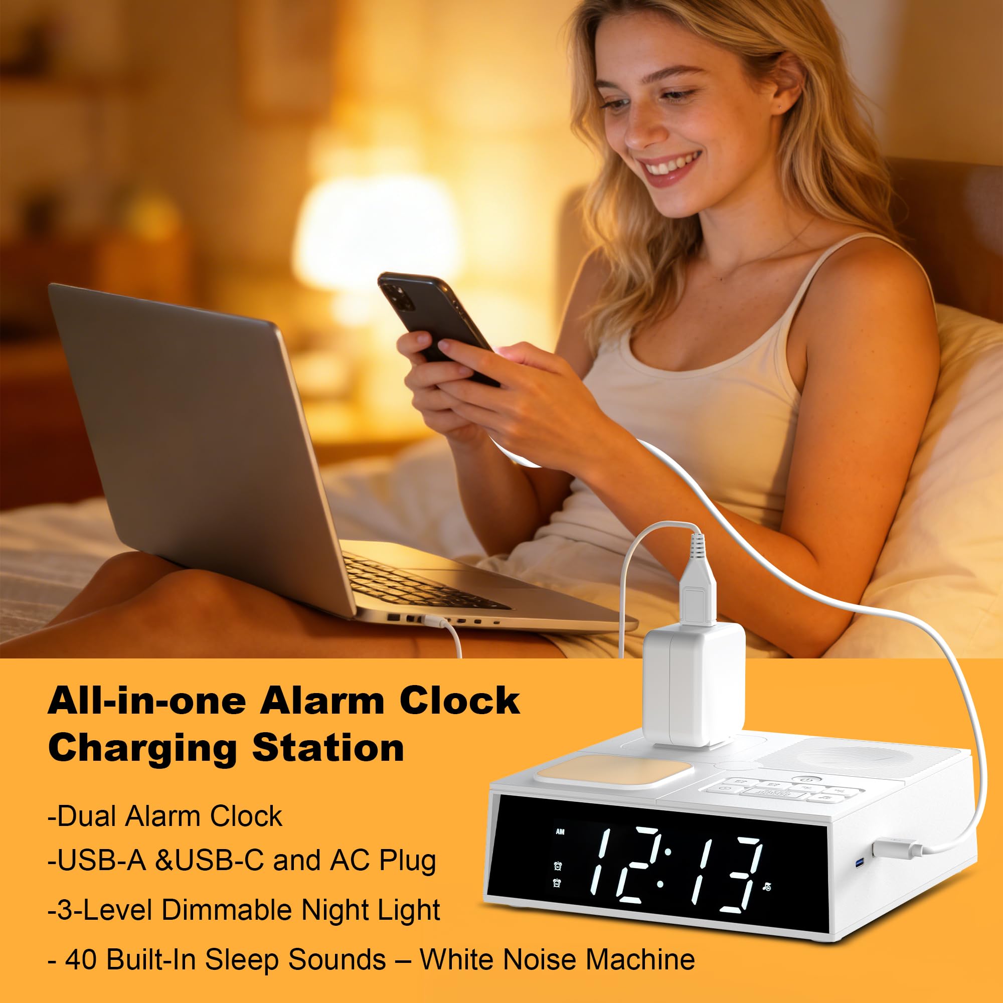 Sveglia con caricatore USB e prese AC, orologio digitale per chi dorme pesante, adulti, bambini e ragazzi, stazione di ricarica da comodino (luce notturna e musica per dormire)