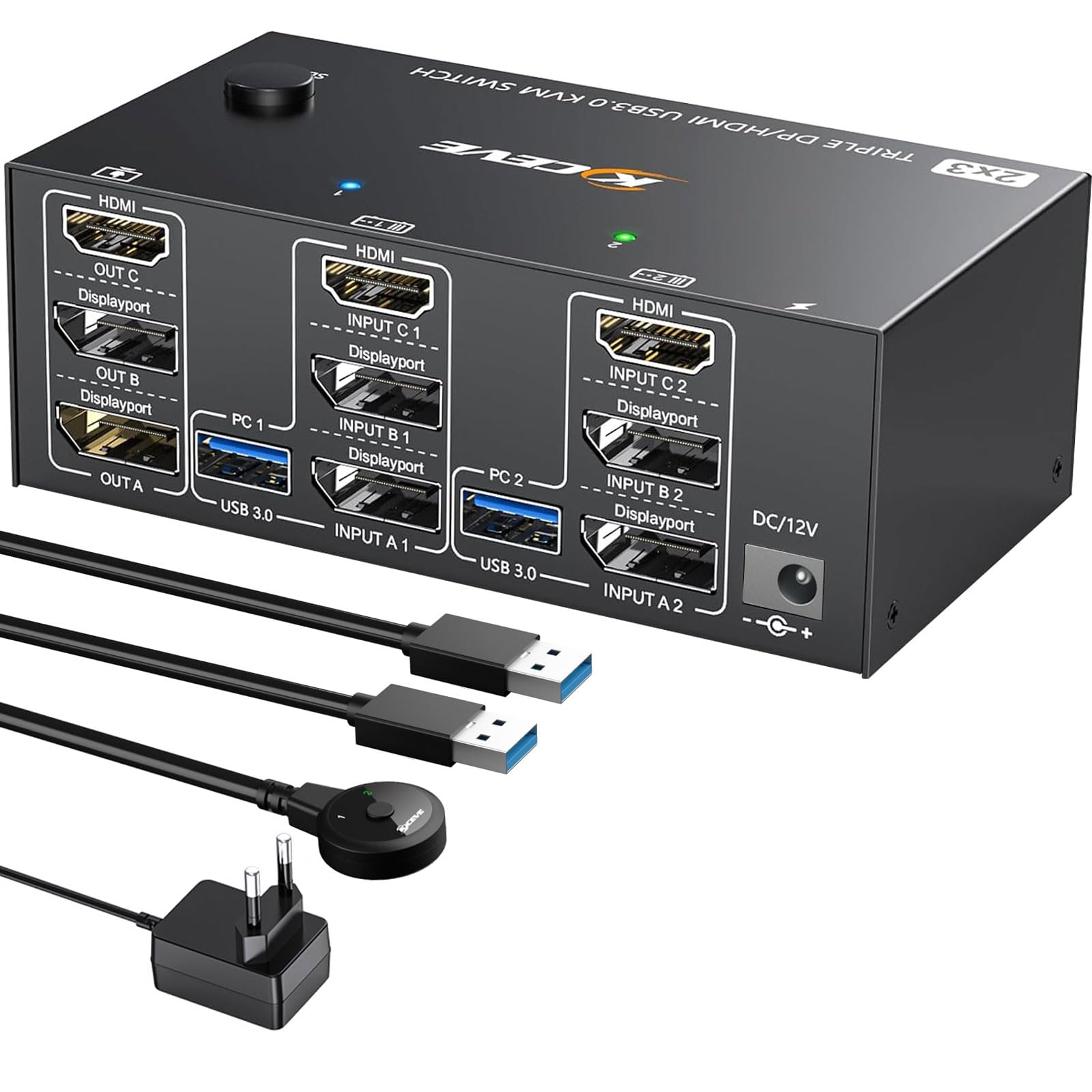 KVM Switch 2 PC 3 Monitor 8K@60Hz / 4K@144Hz, Displayport 1.4 HDMI 2.1 USB 3.0 KVM Switch Triplo Monitor per 2 PC Condividi Mouse e Tastiera, Wired Remote(8K HD DP 2 in 3 out)