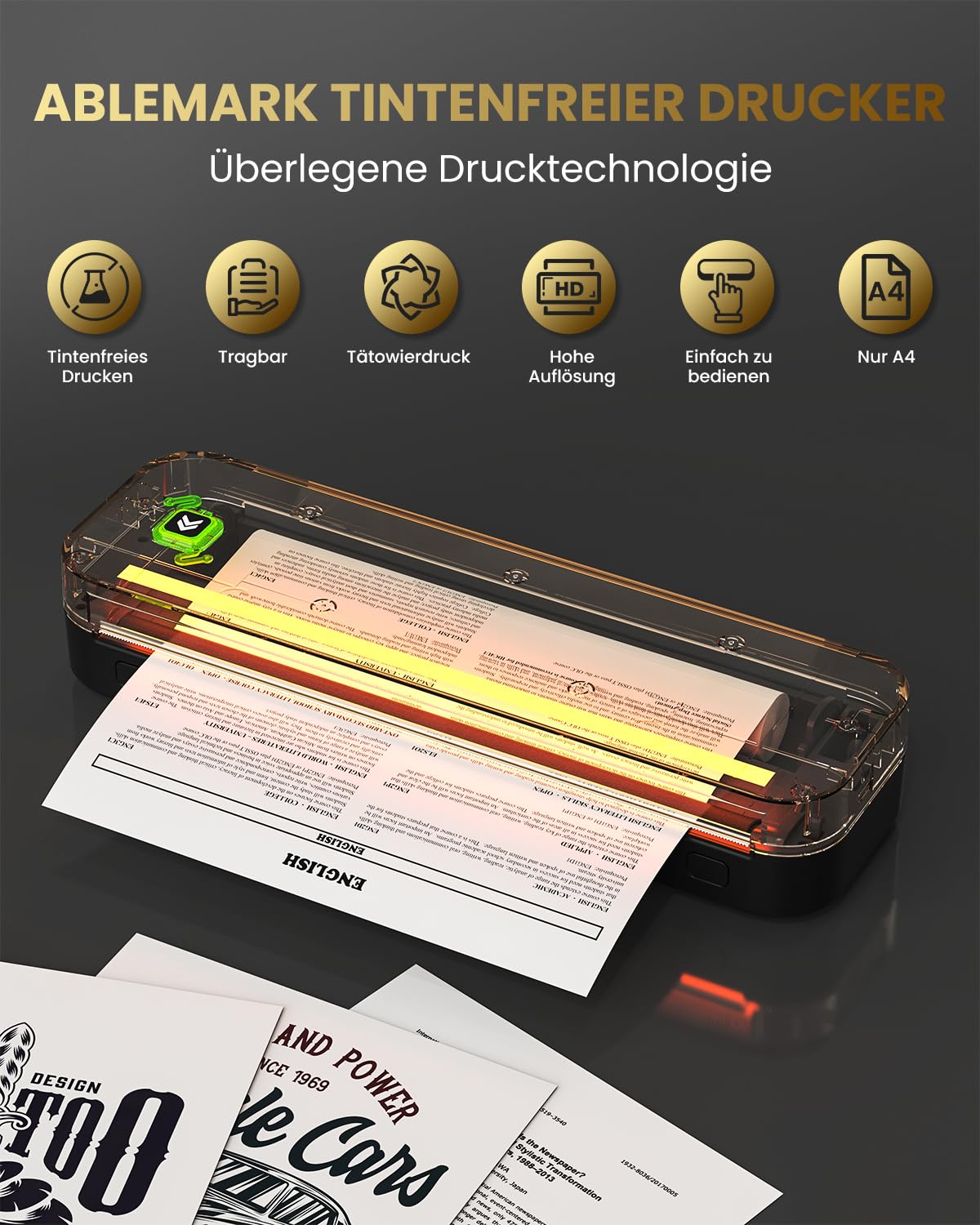 Tragbarer Thermodrucker, A4, ohne Tinte, Bluetooth-Tattoo-Drucker, kompatibel mit Android & iOS mit Computer, Thermokopierer für Reisen, Arbeit und Zuhause