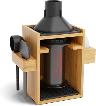 Organizer Stand for AeroPress Bamboo Coffee Caddy Compact Black | Handmade Coffee Caddy with Filter Holder, Mug Storage Rack, Accessory Station and Silicone Drip Mats