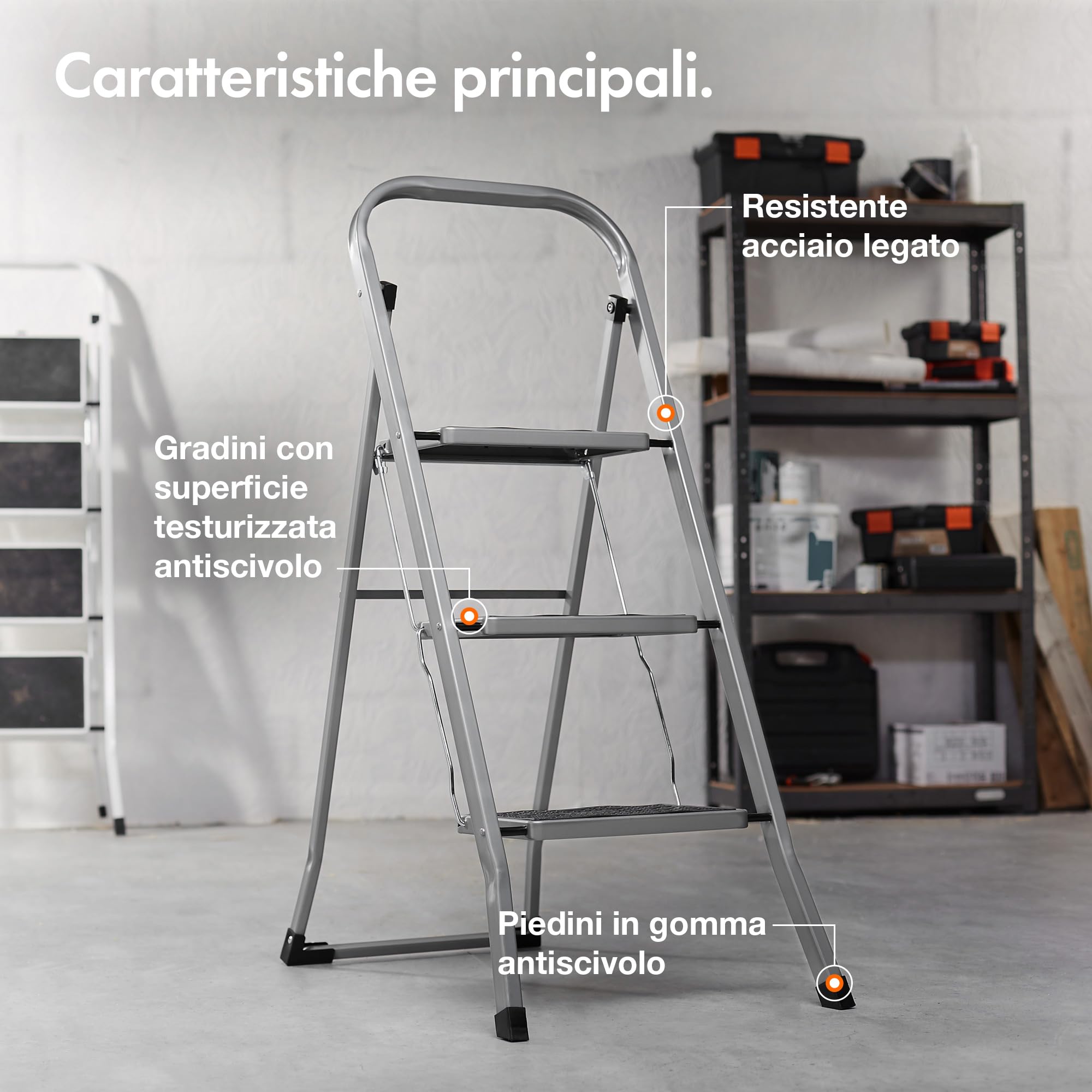 VonHaus Scala con Piedini Antiscivolo - Scaletta Pieghevole, Facile da Riporre, Capacità Massima 150 Kg - Scala Pieghevole di Alta Qualità per Fai da Te e Giardinaggio (Grigio, 3 Gradini)