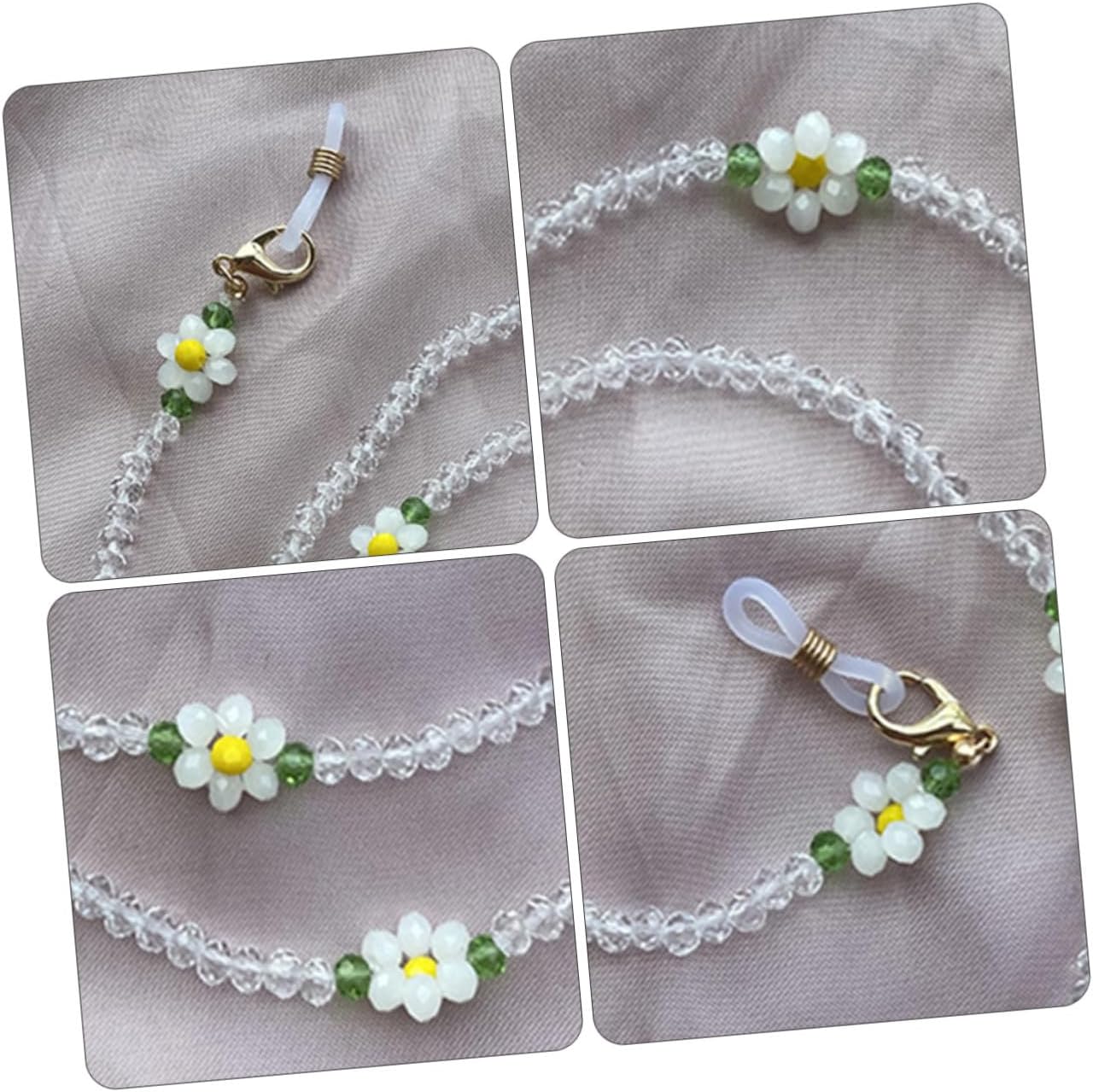 OUNONA Crystal Beaded Eyeglass Chain and Mask Anti-lost Necklace White Flower Pendant, Stylish Glasses Hanging Strap for Women, Sweater Chain Accessory
