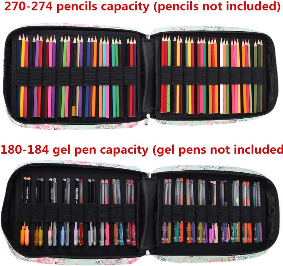 Pencil Case Slot Holds 270 to 274 Colored Pencils or 180 to184 Color Gel Pens with Zipper Closure Large Capacity Nylon Pen Organizer for Artist Green Rose