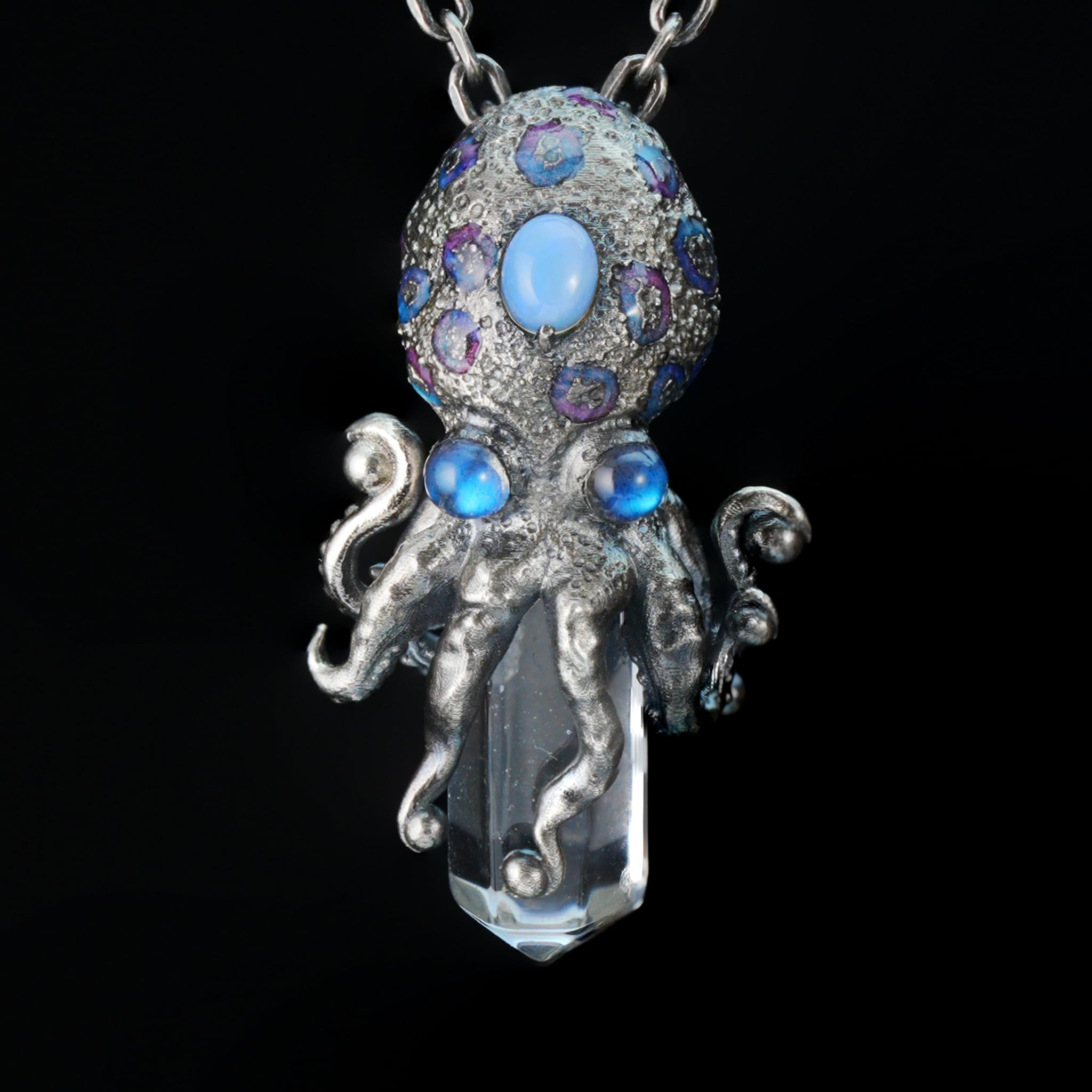 Generisch 925 Sterling Silber Oktopus Anhänger mit Labradorit und Bergkristall 3,7 x 2 cm 9 g Unisex Gothic Fantasy Schmuck