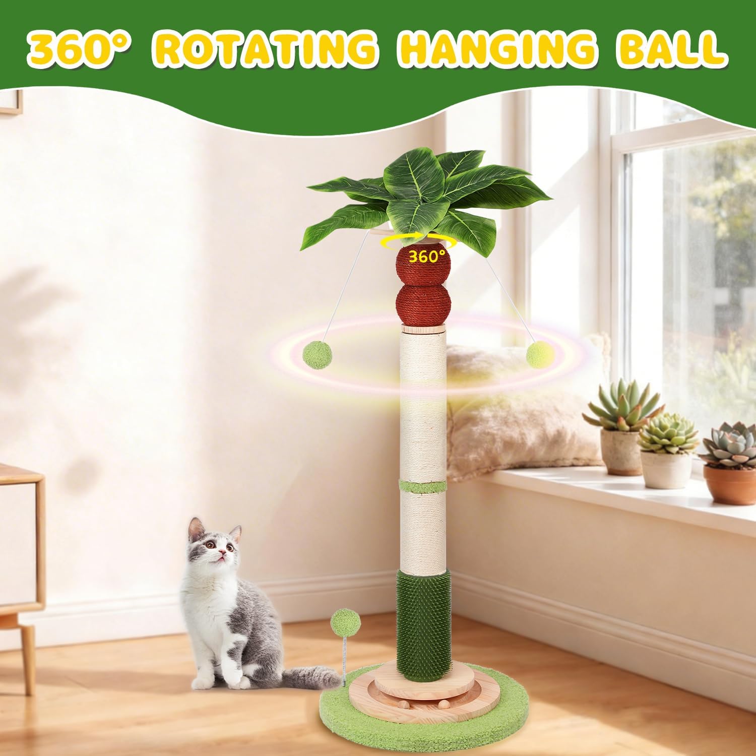 41'' Tall Cat Scratching Post,3.3'' Wide Sisal Rope Scratching Post for Indoor Adults Kittens,Cat Scratcher Tree with Stable Solid Wood Base Interactive Ball Toys Self Groomer Brush for Large Cats