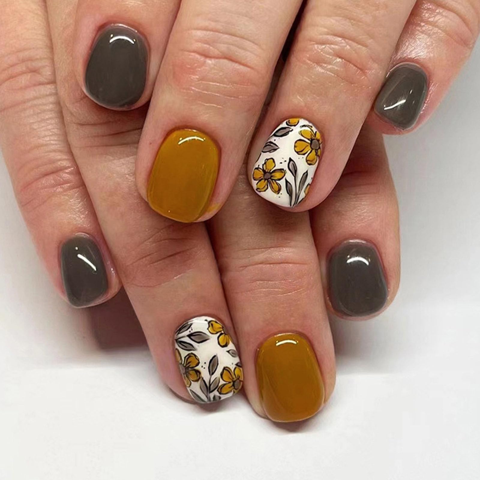 Calkkrer 24 Piezas Uñas Cortas Cuadradas A Presión, Uñas Artificiales Marrones Con Diseño De Flores Uñas Acrílicas, Uñas De Pegamento, Uñas Artificiales, Uñas Postizas Para Otoño