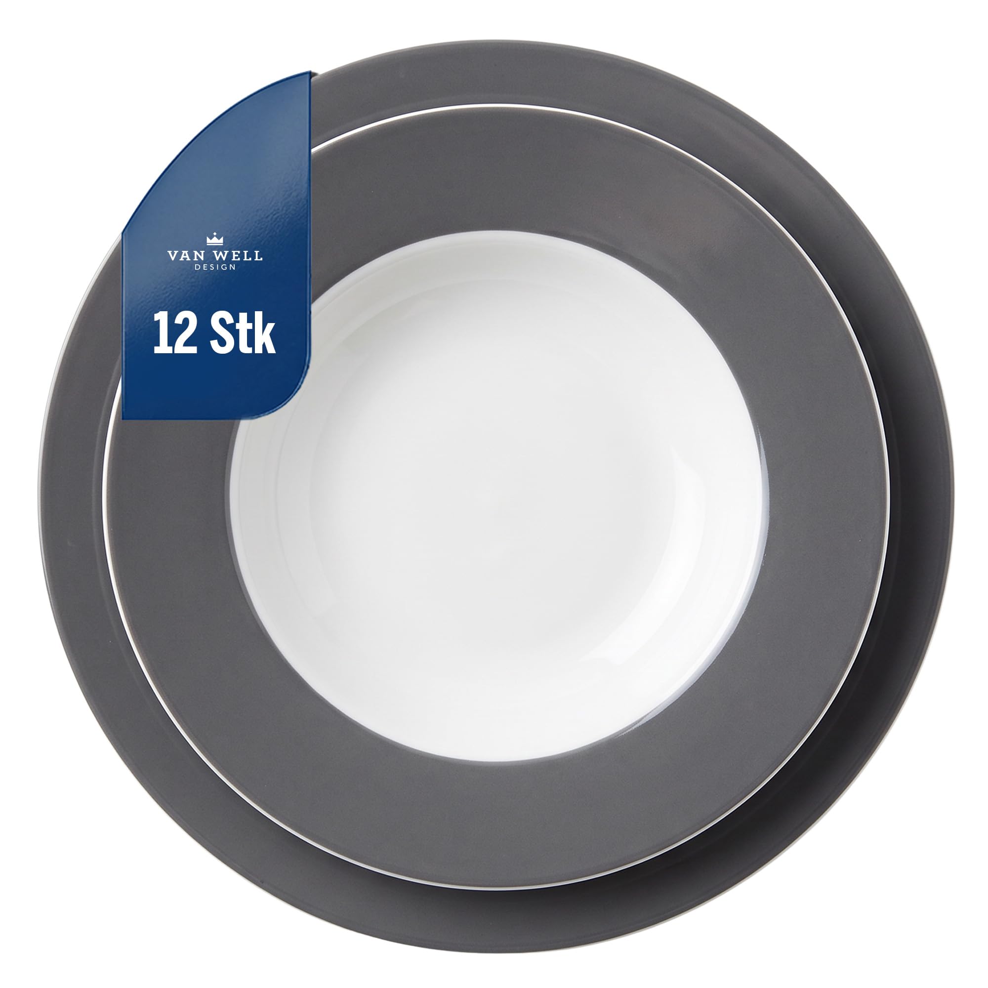 van Well Vario Speiseteller-Set 12-teilig - Tafel-Service für 6 Personen - flache Ess-Teller mit Ø 21,5cm & 6 tiefe Teller Ø 26,5cm