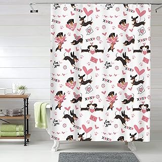 Cortinas de ducha de tela para baño, cortinas opacas de 152 x 183 cm, con ganchos, diseño de perro salchicha y cachorro, color rosa