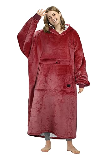 Catalonia Oversized Blanket Hoodie Sweatshirt, Wearable Sherpa Lounging Pullover for Adults Women Men - One Size - Wine-extra Long