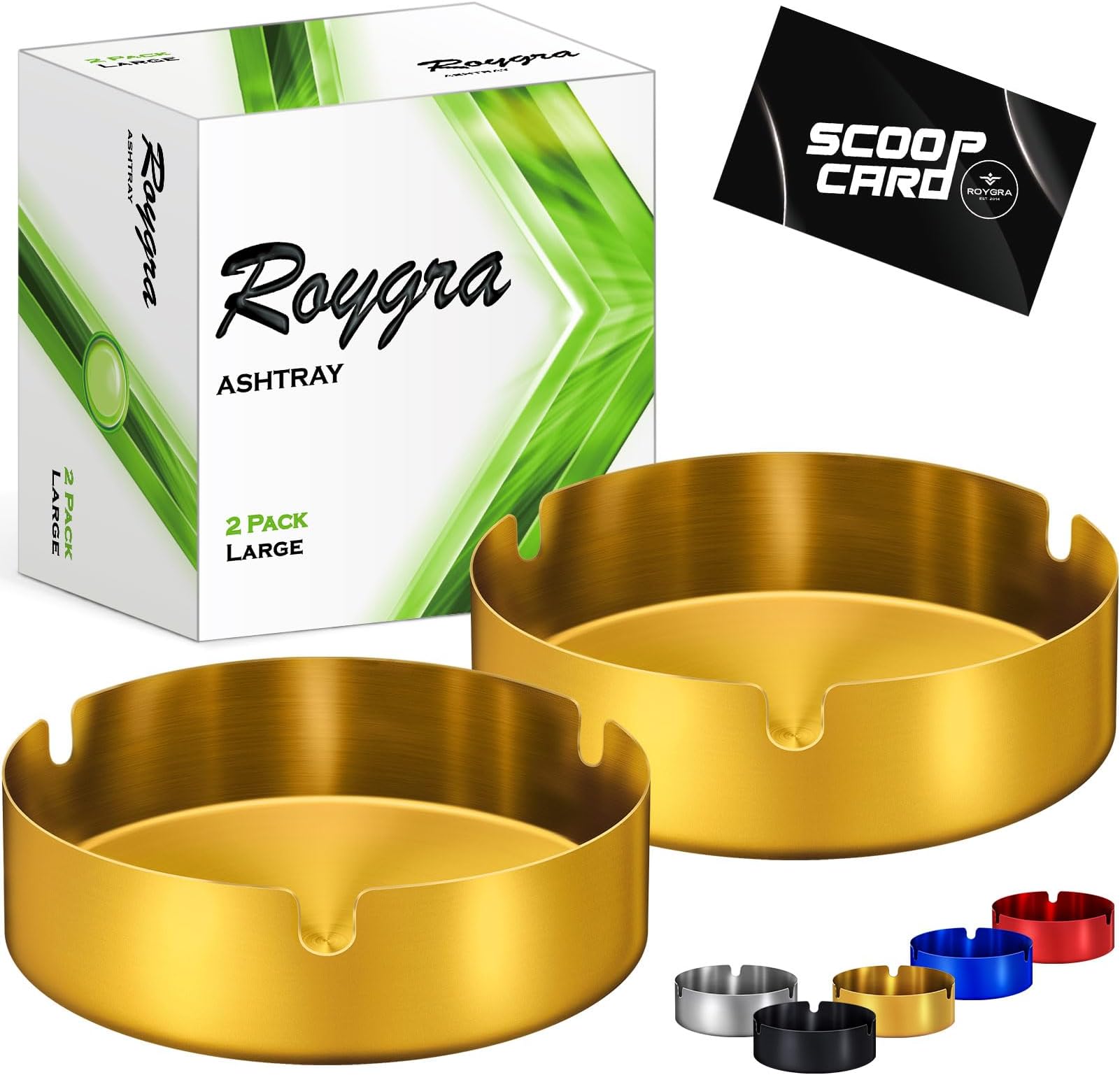 roygra Ash Tray (2 Pack), Outdoor Ashtray for Outside Patio, Stainless Steel Ashtrays for Cigarettes with 3 Holder, Smoking Accessories, Home Décor, Ashtrays for Smokers Indoor - Gold, Large