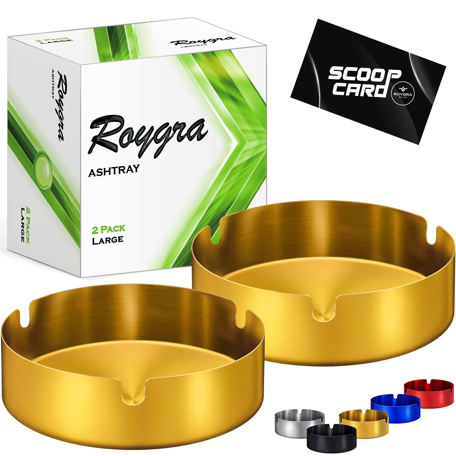roygra Stainless Steel Ash Tray (2 Pack), Outdoor Ashtray for Outside Patio, Ashtrays for Cigarettes with 3 Holder, Smoking Accessories, Home Décor, Ashtrays for Smokers Indoor - Gold, Large