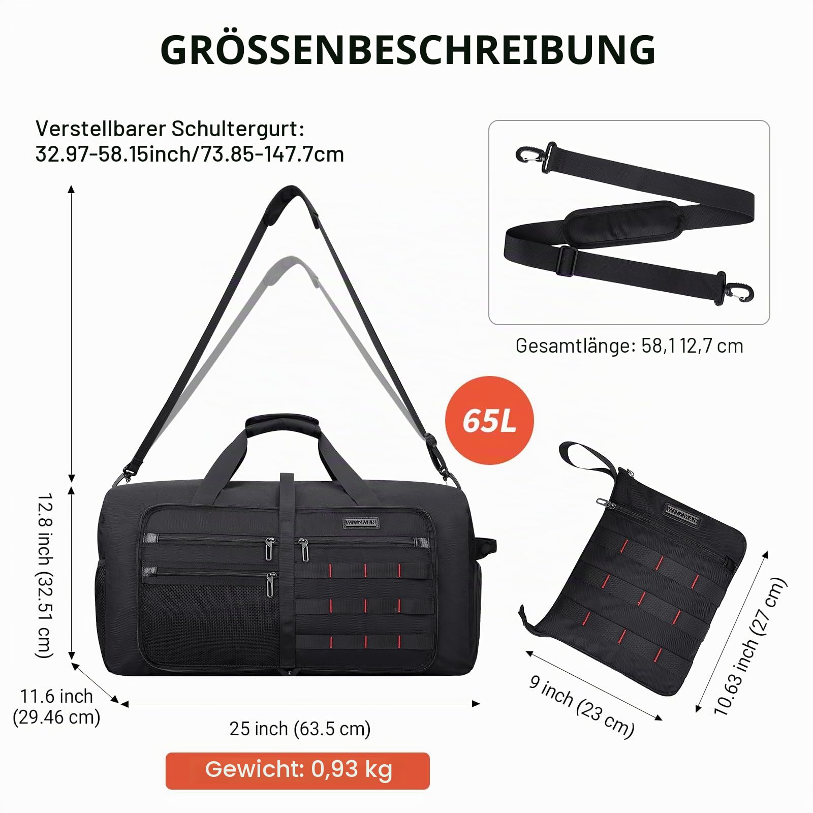 WITZMAN Faltbare Reisetasche Herren 65L Leicht Weekender mit Schuhfach | Nylon, Zusammenfaltbar für Platzsparende Aufbewahrung, Vielseitig für Gym, Wochenend, Sport, Übernachtung, B697 Schwarz