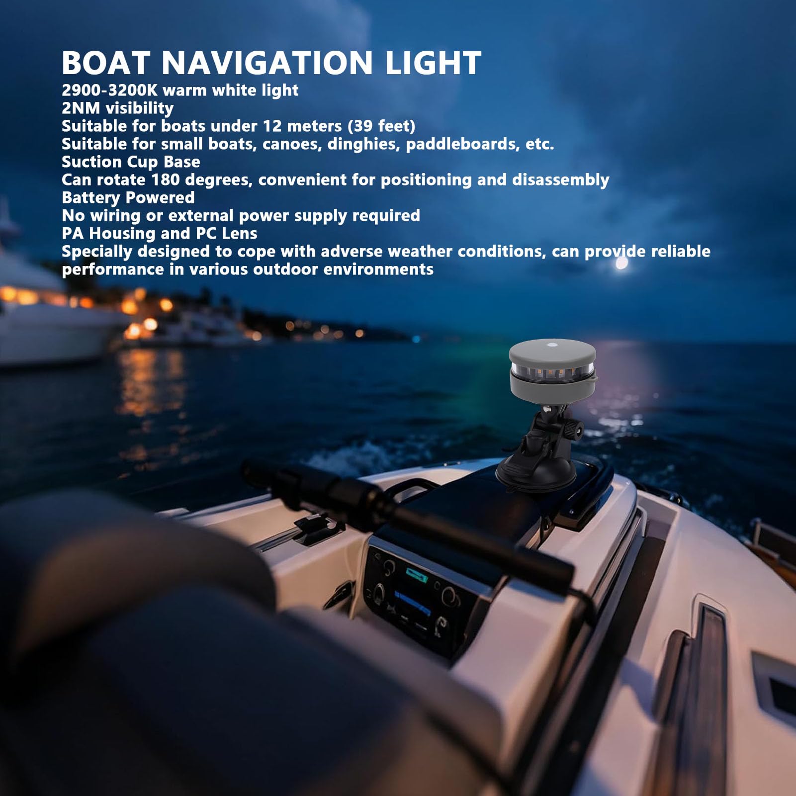 CCYLEZ Luz de Navegación para Barcos, Luz de Ancla LED con Visibilidad de 2 NM e IP67 para Embarcaciones Pequeñas, Ventosa Giratoria de 180 Grados, Alimentada por 3 Pilas AAA