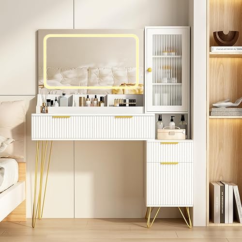 Miniatura 2 de Escritorio de tocador de 43 pulgadas con espejo y luces, mesa de tocador de maquillaje con 4 cajones, tocador blanco para dormitorio, escritorio de