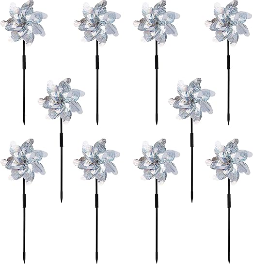 10 Pack Reflective Pinwheels with Plastic Stakes| 19.7 inch Pre-Assembled Sparkle Pin Wheel Set | Scare Off Birds and Animals Away | Decorative for Garden, Yard, Lawn