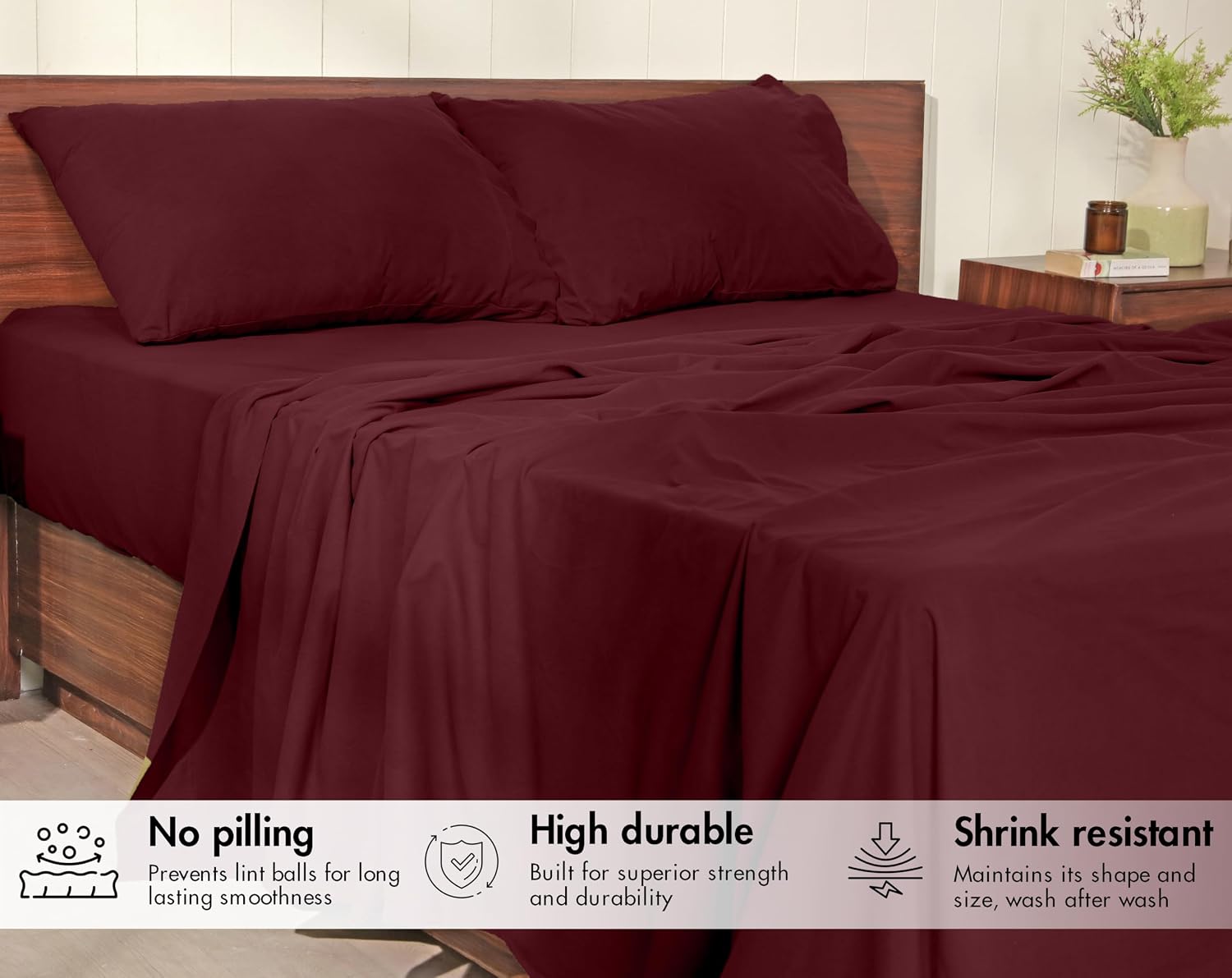 RUVANTI Flannel Sheets – Twin Sheet Set, Ultra Soft & Cozy Double Brushed, 15" Deep Pocket, 360° Elastic for Secure Fit, No Pilling, 3 Pieces (Flat, Fitted, 1 Pillowcase), Deep Burgundy