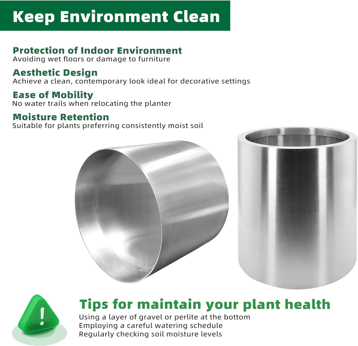 Modern Indoor Outdoor Large Stainless Steel Plant Pot and Plant Caddy with Wheels for Home Patio Garden,11.81 Inch Dia Round Planter, Easy to Clean and Move