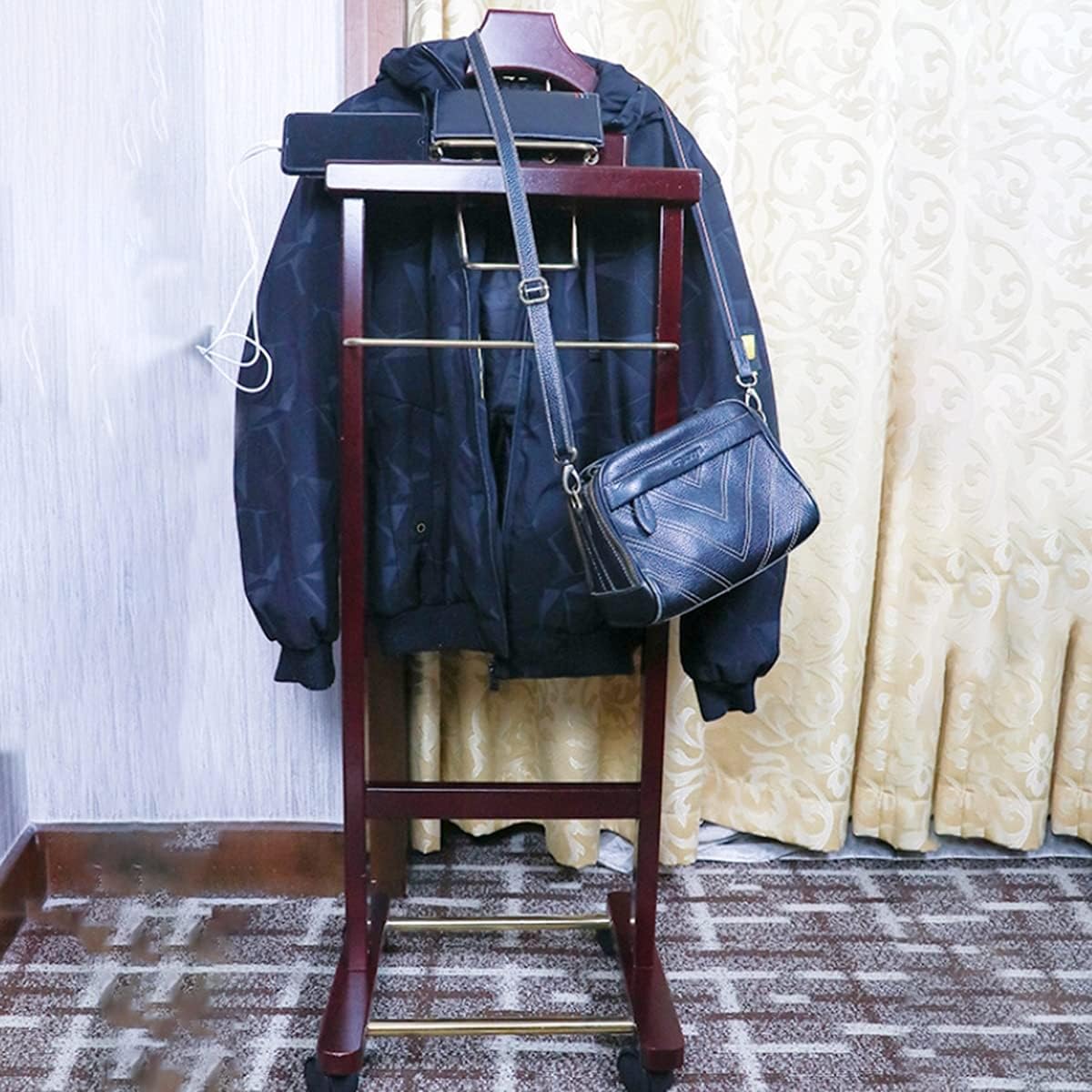 Coat Rack Valet Stand with Wheels Suit Valet Stand with Clothes Hanger Pants Rail and Shoe Rack Very Practical Furniture for Hallway Dressing Room Etc