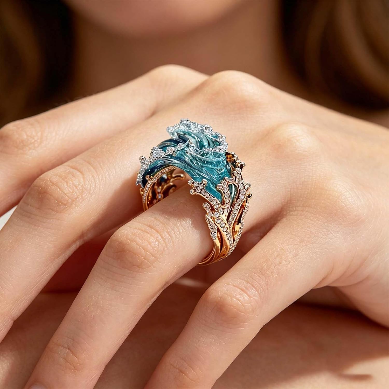 Resin Wave Ring for Women Chunky Statement Rings Ocean Inspired Jewelry Open Adjustable Wide Bands Rings Summer Marine Theme Vacation Accessories Gift image 3