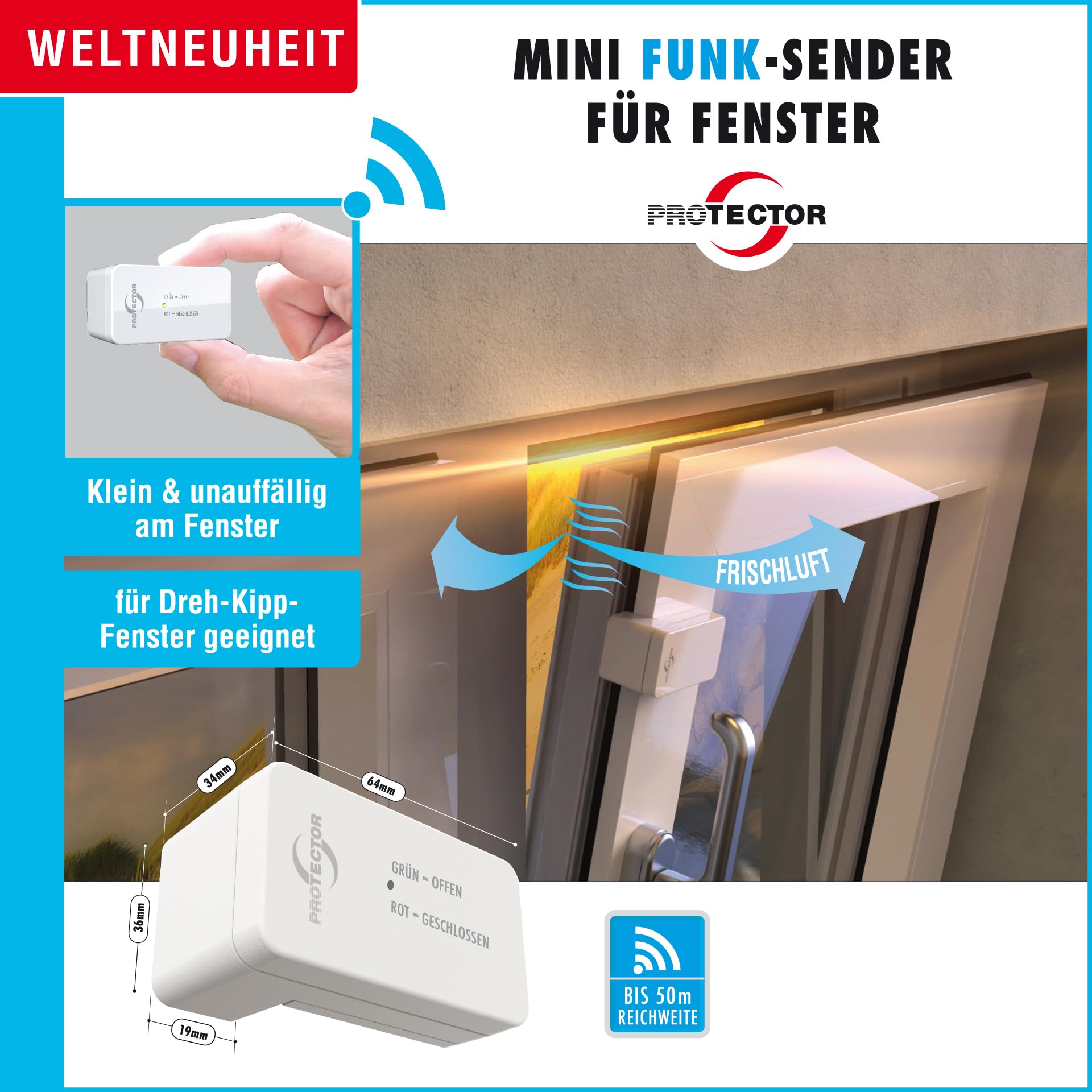 PROTECTOR Funk-Abluftsteuerung ASF-510 für Dunstabzugshauben – Mit neuem patentierten Fensterkontaktschalter ohne Magnet für mehr Sicherheit – Kabellose Installation – Fensterkontaktsensor