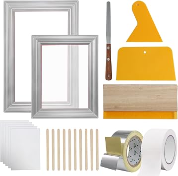 Happybuy Screen Printing Kit, 2 Aluminum Silk Frames 8x10/10x14in 110 Mesh, 2 Tapes, Squeegees & Transparency Films for DIY T-Shirt Printing