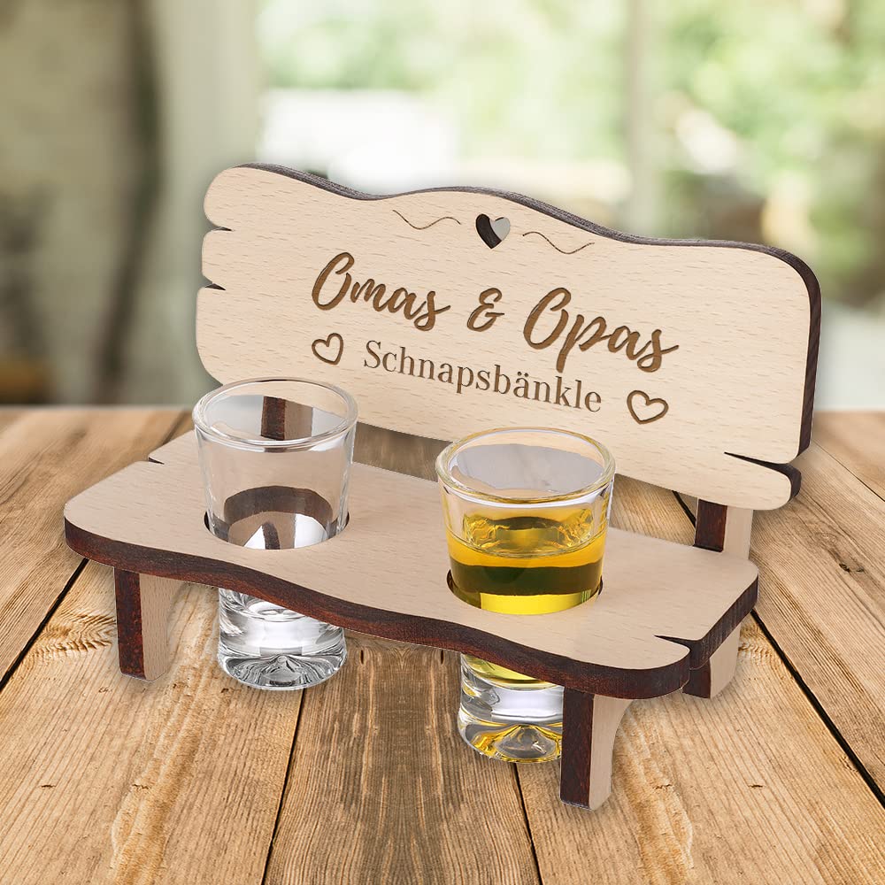 Schnapsbank mit Gravur für Oma & Opa - Motiv Schnapsbänkle - Holzbank mit 2 Schnapsgläser - nachhaltig und robust - Großeltern, Grandparents - Geschenk für Geburtstag, Weihnachten, Jubiläum