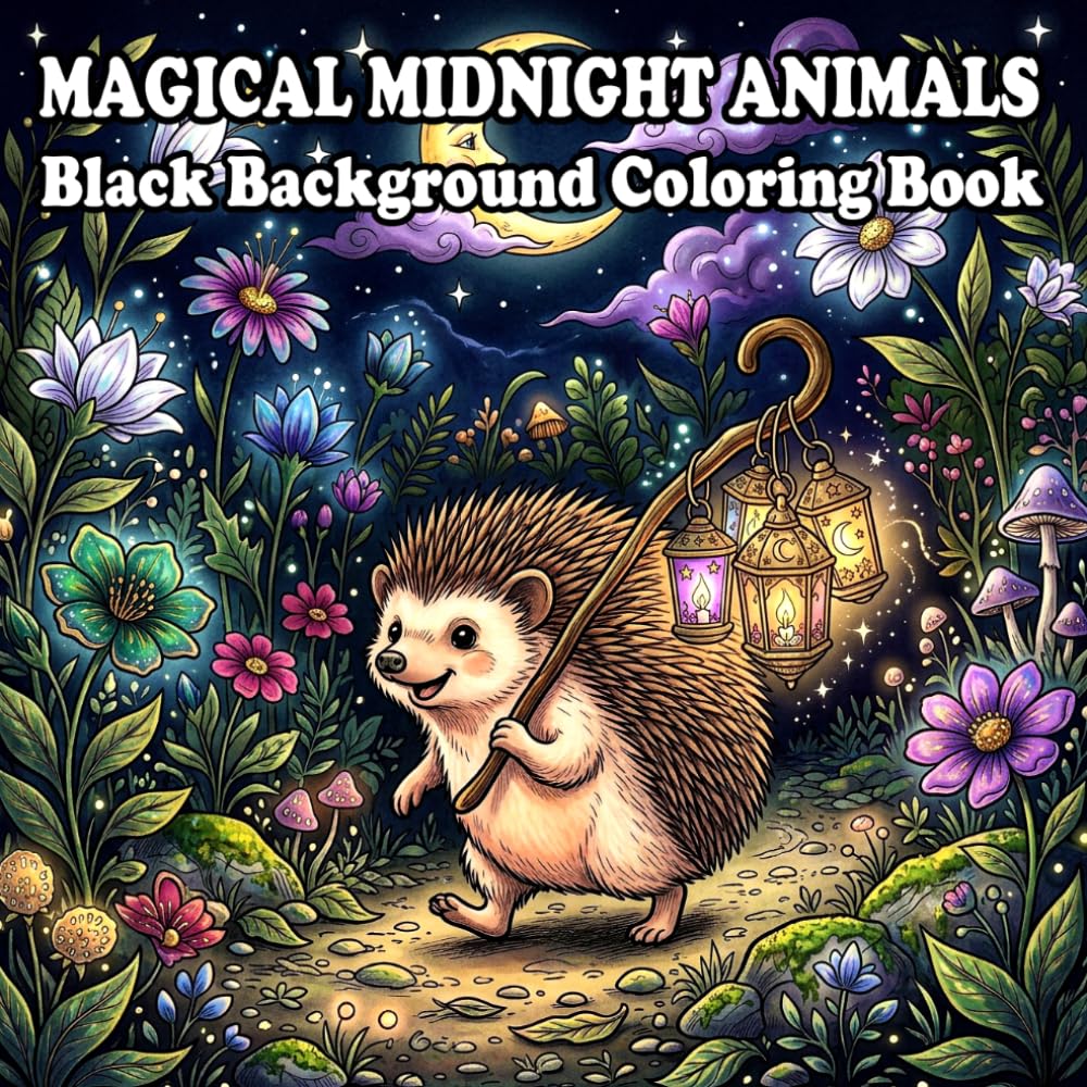 Magical Midnight Black Background Coloring Book: 100 Grayscale Fantasy Animal Designs for Adults