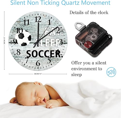 Miniatura 3 de Eat Sleep - Reloj de pared de madera de fútbol de 15 pulgadas, reloj de pared personalizado de fútbol para cocina, silencioso, sin tictac, funciona