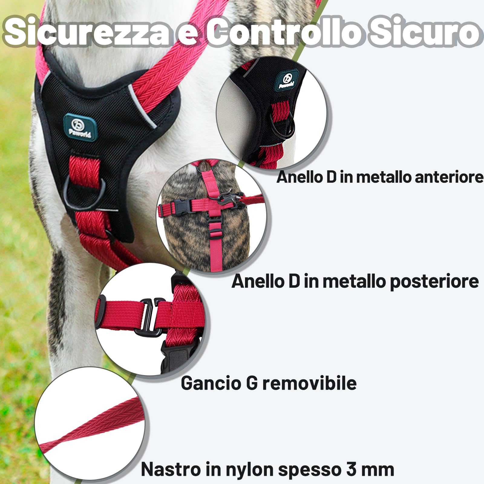 PAWORLD Pettorina Antifuga Cane, Pettorina Anti Tiro per Cani, Pettorina Cane Taglia Grande, Pettorina Regolabile Cane, Traspirante, Senza Soffocamenti, Allenamento alla Camminata (Rosa Rossa,L)
