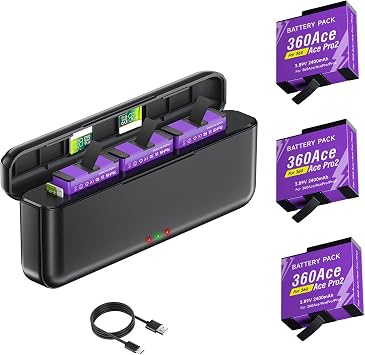 3 Pack Ace Pro 2 Battery with Charger Kit, 2400mAh Batteries Replacement with 3-Channel LED Battery Charger Hub for Insta360 Ace/Ace Pro/Ace Pro 2 Action Camera Accessories