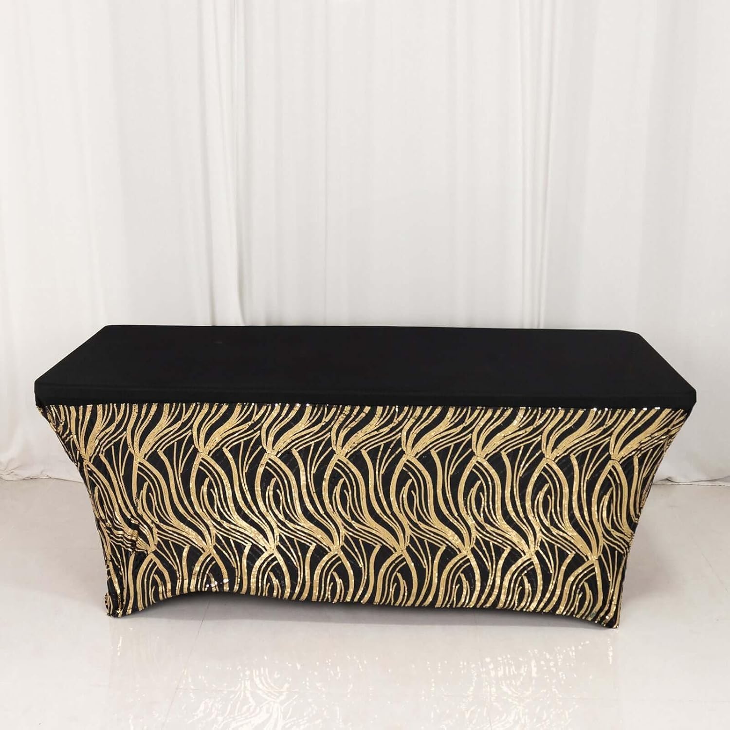 Efavormart Black Gold Stretch Spandex Rectangle Tablecloth 6ft with Wave Embroidered Sequins, Fitted Table Cover for 72"x30" Tables