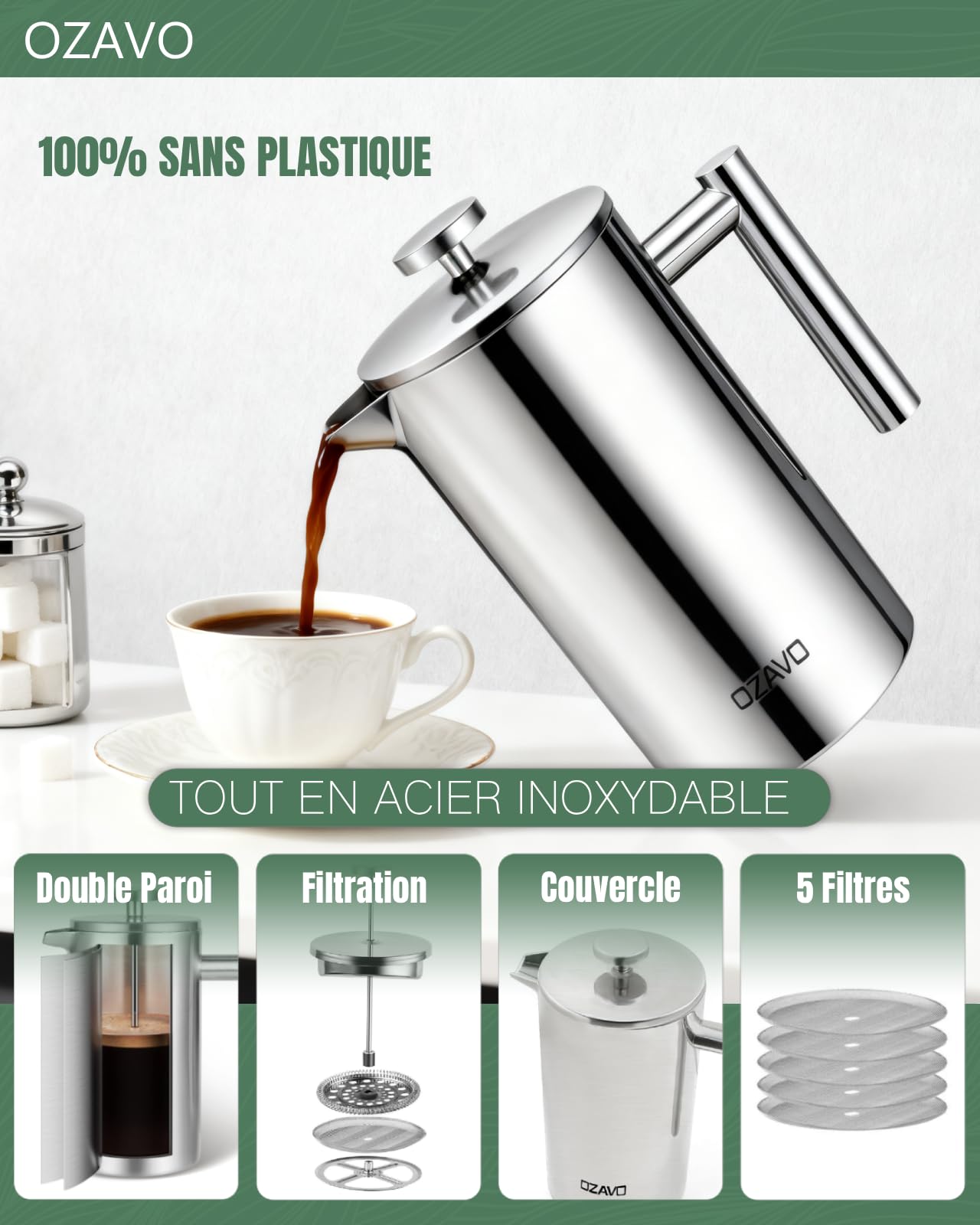 Caffettiere a Pistone Caffettiera Francese in Acciaio Inox, Capacità 1 L per 8 Tazze French Press Caffè, con 5 Filtri di Ricambio