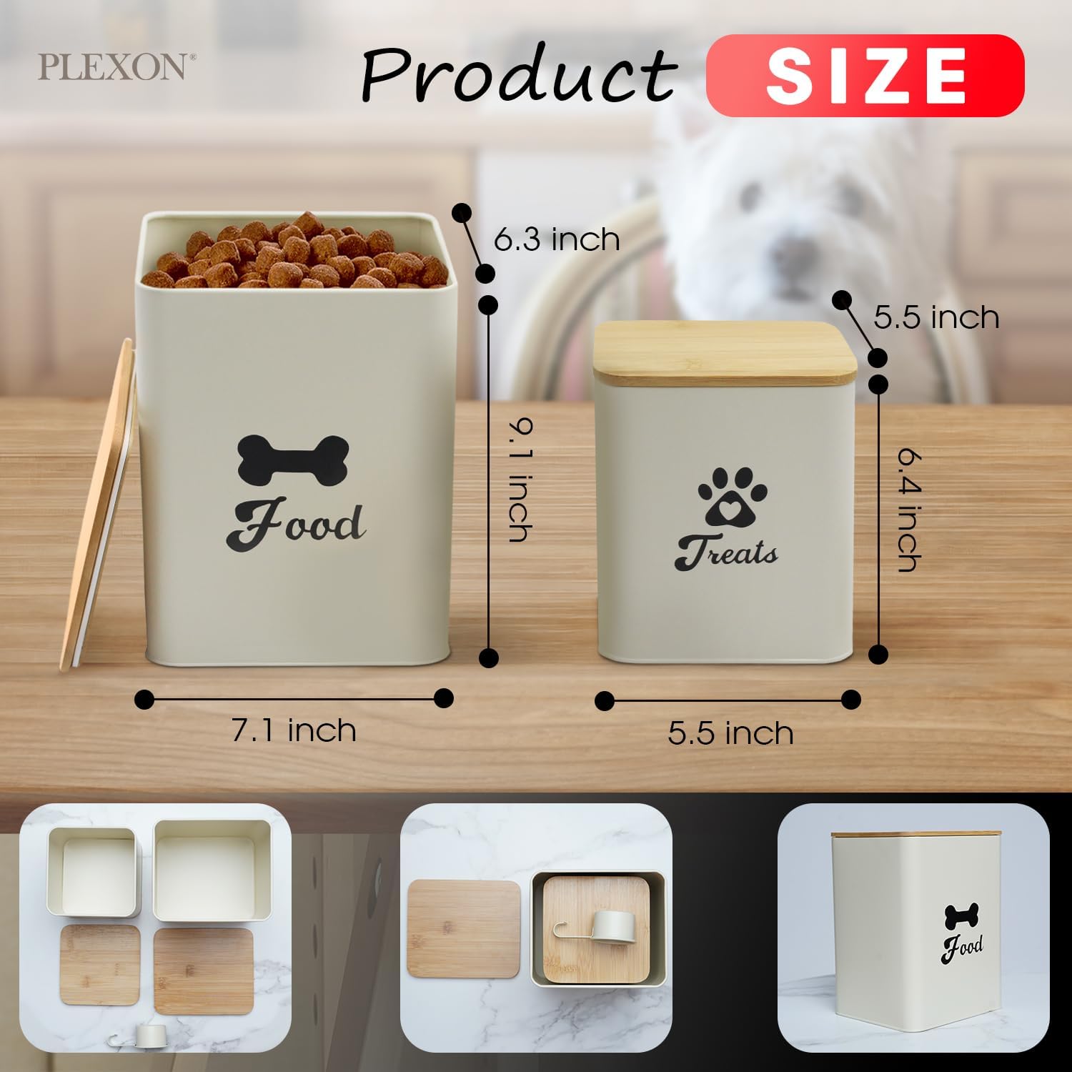 Plexon Pet Food Storage Containers, Dog Food Storage Container with Spoon and Wood Lids, Set of 2 Pet Food Container, Beige