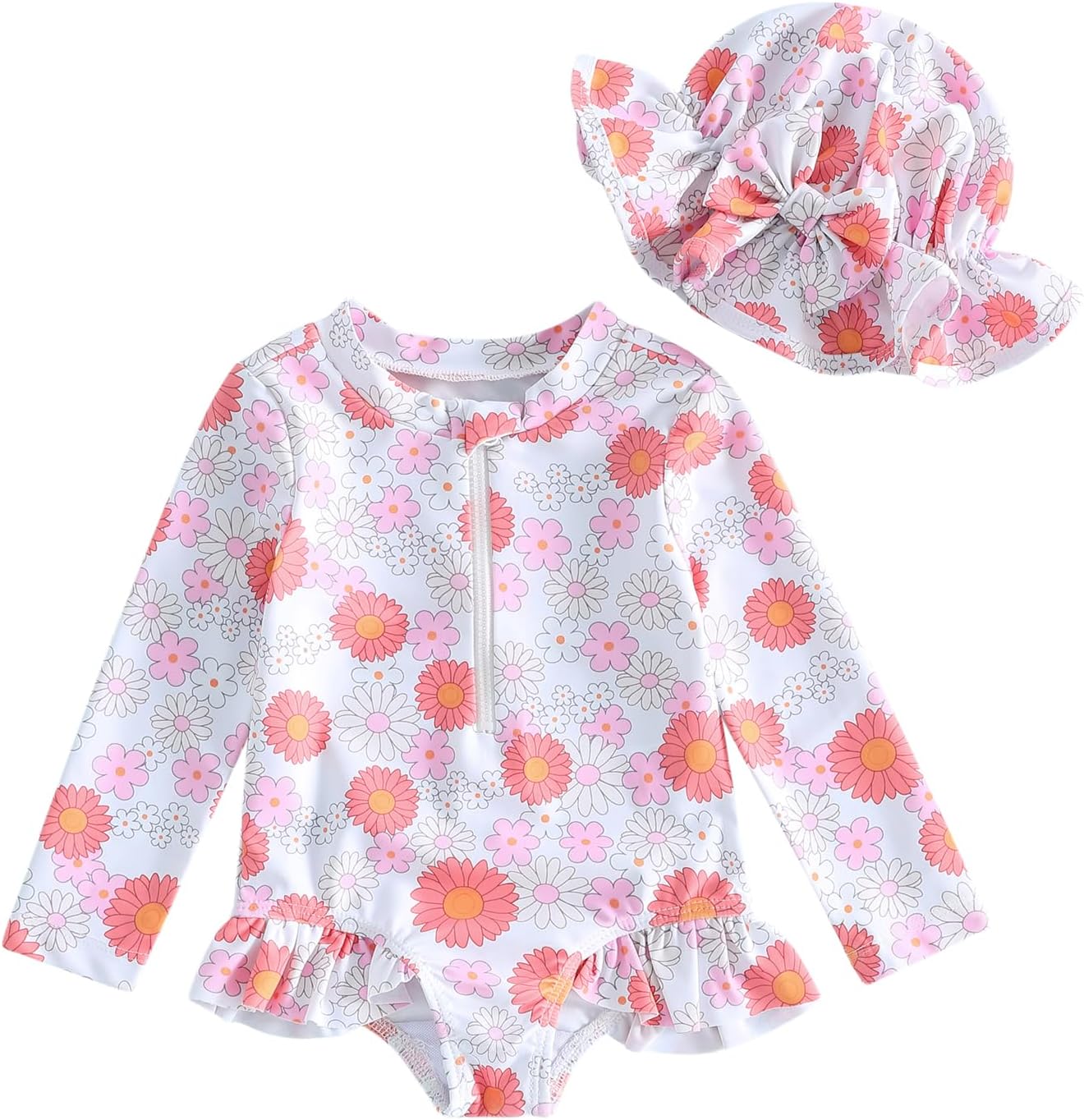 Toddler Baby Girl Swimsuit Set Zip-up Long Sleeve Rash Guard Bathing Suit | Suitable for swimming pools, beaches and hot springs.Appropriate for young girls.Combines both appearance and practicality.