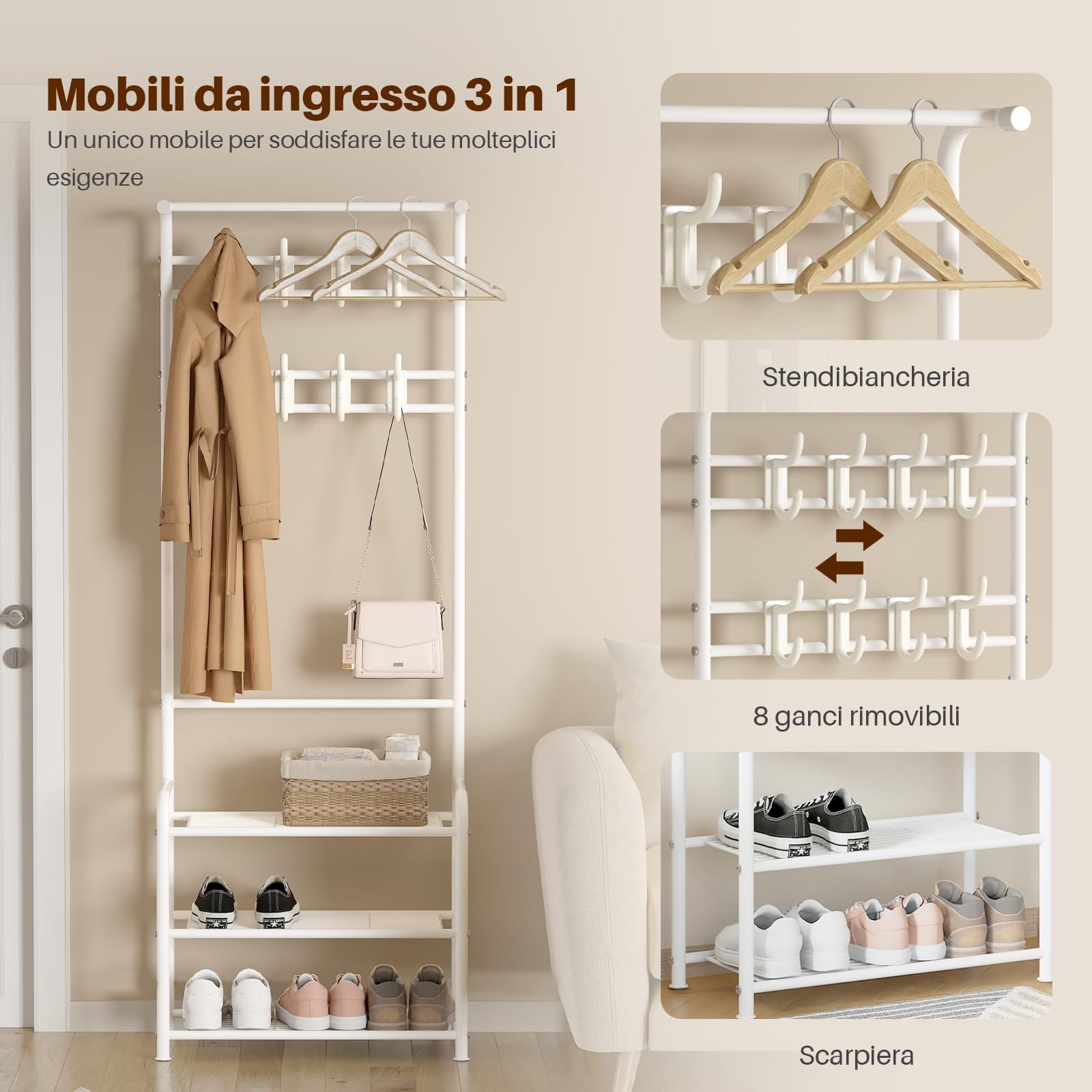 Innotic Appendiabiti con Scarpiera 3 in 1, 16 Ganci Rimovibile Attaccapanni | Stabile Appendiabiti Ingresso Salvaspazio, Mobile da Ingresso Moderno, Appendiabiti da terra per Camera letto, Bianco